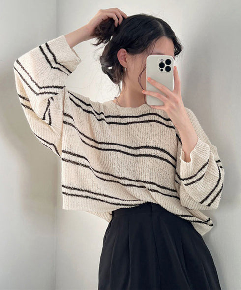 透かし編み ニットトップス ボーダー夏服 サマーニット レディース クルーネック ショート丈トップス ゆったり プルオーバー 大人カジュアル 冷房対策 日焼け止め 6YIYUAN-002