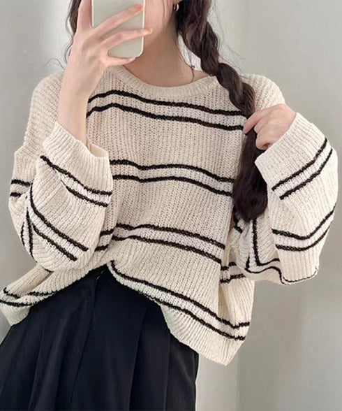 透かし編み ニットトップス ボーダー夏服 サマーニット レディース クルーネック ショート丈トップス ゆったり プルオーバー 大人カジュアル 冷房対策 日焼け止め 6YIYUAN-002