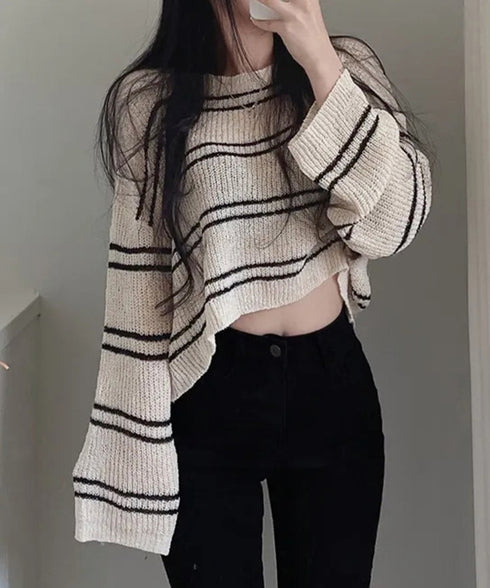 透かし編み ニットトップス ボーダー夏服 サマーニット レディース クルーネック ショート丈トップス ゆったり プルオーバー 大人カジュアル 冷房対策 日焼け止め 6YIYUAN-002