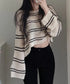 透かし編み ニットトップス ボーダー夏服 サマーニット レディース クルーネック ショート丈トップス ゆったり プルオーバー 大人カジュアル 冷房対策 日焼け止め 6YIYUAN-002