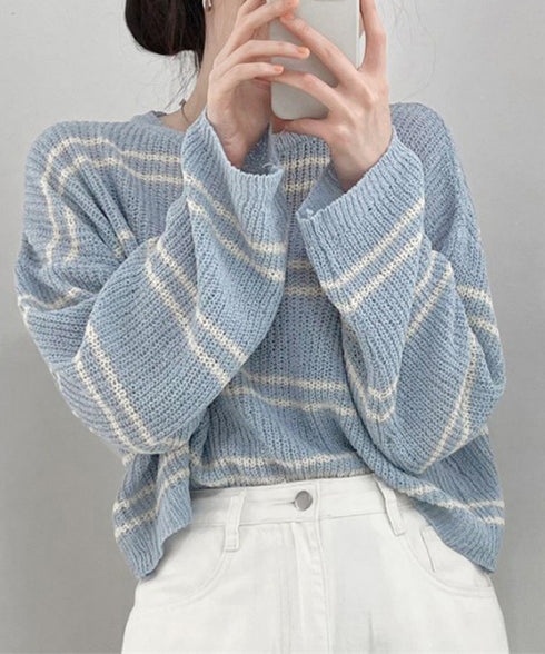透かし編み ニットトップス ボーダー夏服 サマーニット レディース クルーネック ショート丈トップス ゆったり プルオーバー 大人カジュアル 冷房対策 日焼け止め 6YIYUAN-002