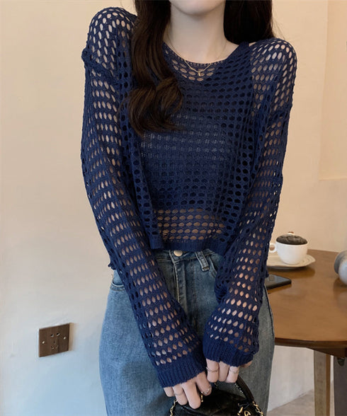 メッシュニット タンクトップ 2点セット ショート丈ニットトップス セットアップ 透かし編みトップス ニットキャミ 体型カバーニットアンサンブル カジュアル韓国風 6YIYUAN-005