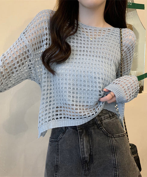 メッシュニット タンクトップ 2点セット ショート丈ニットトップス セットアップ 透かし編みトップス ニットキャミ 体型カバーニットアンサンブル カジュアル韓国風 6YIYUAN-005