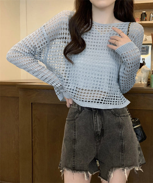 メッシュニット タンクトップ 2点セット ショート丈ニットトップス セットアップ 透かし編みトップス ニットキャミ 体型カバーニットアンサンブル カジュアル韓国風 6YIYUAN-005