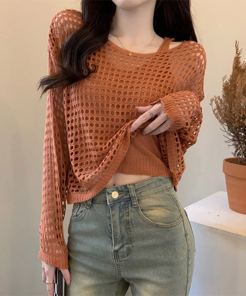 メッシュニット タンクトップ 2点セット ショート丈ニットトップス セットアップ 透かし編みトップス ニットキャミ 体型カバーニットアンサンブル カジュアル韓国風 6YIYUAN-005