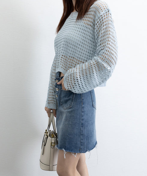 メッシュニット タンクトップ 2点セット ショート丈ニットトップス セットアップ 透かし編みトップス ニットキャミ 体型カバーニットアンサンブル カジュアル韓国風 6YIYUAN-005