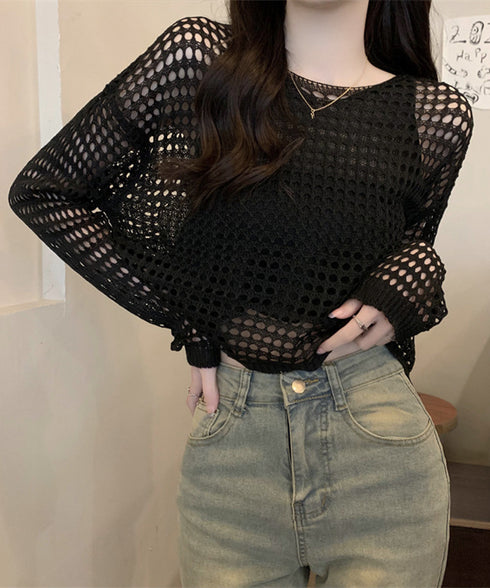 メッシュニット タンクトップ 2点セット ショート丈ニットトップス セットアップ 透かし編みトップス ニットキャミ 体型カバーニットアンサンブル カジュアル韓国風 6YIYUAN-005