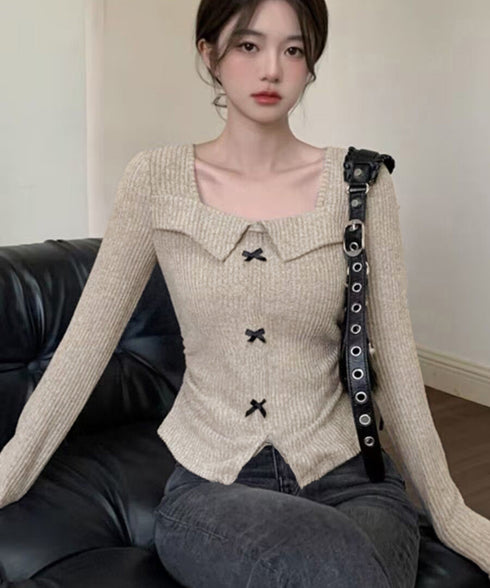 リボンニットトップス スクエアネック秋服 リブニットプルオーバーレディース セクシーニットカットソー フロントスリットニット 柔らかい大人可愛いトップス長袖 秋冬 6YULICHU-001