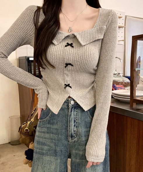 リボンニットトップス スクエアネック秋服 リブニットプルオーバーレディース セクシーニットカットソー フロントスリットニット 柔らかい大人可愛いトップス長袖 秋冬 6YULICHU-001