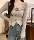 リボンニットトップス スクエアネック秋服 リブニットプルオーバーレディース セクシーニットカットソー フロントスリットニット 柔らかい大人可愛いトップス長袖 秋冬 6YULICHU-001