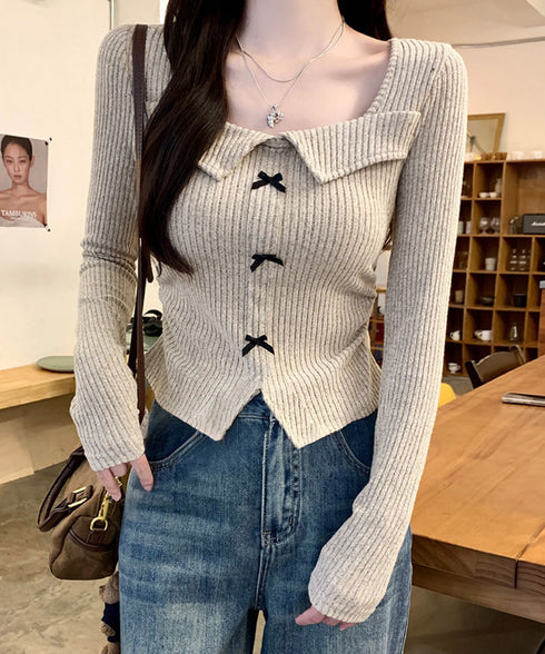 リボンニットトップス スクエアネック秋服 リブニットプルオーバーレディース セクシーニットカットソー フロントスリットニット 柔らかい大人可愛いトップス長袖 秋冬 6YULICHU-001