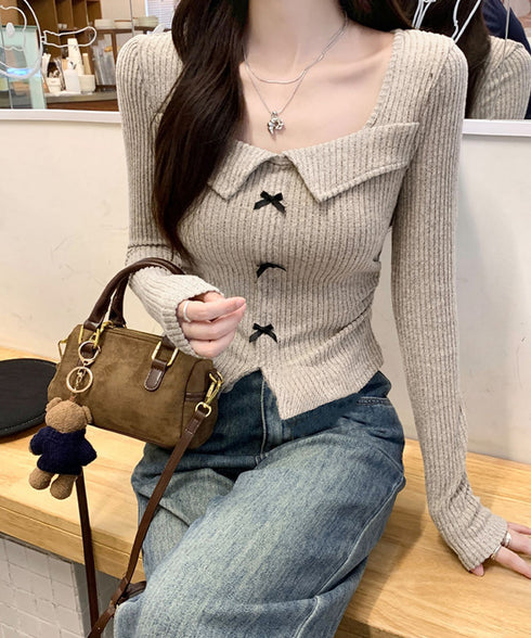 リボンニットトップス スクエアネック秋服 リブニットプルオーバーレディース セクシーニットカットソー フロントスリットニット 柔らかい大人可愛いトップス長袖 秋冬 6YULICHU-001