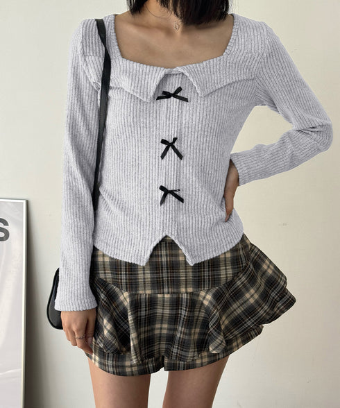 リボンニットトップス スクエアネック秋服 リブニットプルオーバーレディース セクシーニットカットソー フロントスリットニット 柔らかい大人可愛いトップス長袖 秋冬 6YULICHU-001
