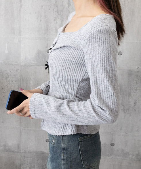 リボンニットトップス スクエアネック秋服 リブニットプルオーバーレディース セクシーニットカットソー フロントスリットニット 柔らかい大人可愛いトップス長袖 秋冬 6YULICHU-001