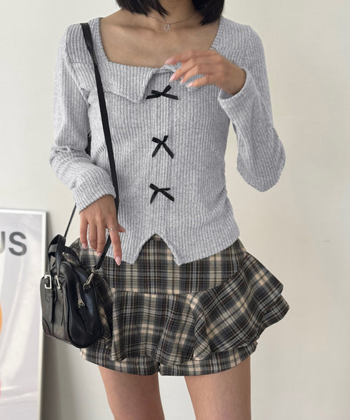 リボンニットトップス スクエアネック秋服 リブニットプルオーバーレディース セクシーニットカットソー フロントスリットニット 柔らかい大人可愛いトップス長袖 秋冬 6YULICHU-001