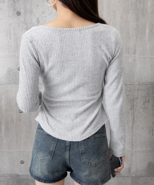 リボンニットトップス スクエアネック秋服 リブニットプルオーバーレディース セクシーニットカットソー フロントスリットニット 柔らかい大人可愛いトップス長袖 秋冬 6YULICHU-001