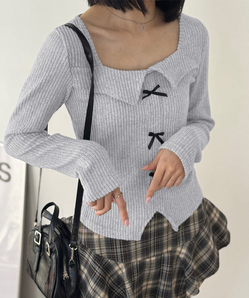 リボンニットトップス スクエアネック秋服 リブニットプルオーバーレディース セクシーニットカットソー フロントスリットニット 柔らかい大人可愛いトップス長袖 秋冬 6YULICHU-001
