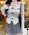 リボンニットトップス スクエアネック秋服 リブニットプルオーバーレディース セクシーニットカットソー フロントスリットニット 柔らかい大人可愛いトップス長袖 秋冬 6YULICHU-001