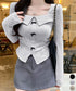 リボンニットトップス スクエアネック秋服 リブニットプルオーバーレディース セクシーニットカットソー フロントスリットニット 柔らかい大人可愛いトップス長袖 秋冬 6YULICHU-001