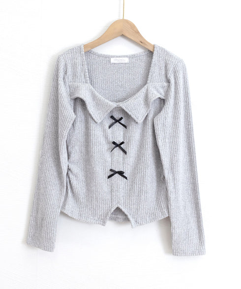 リボンニットトップス スクエアネック秋服 リブニットプルオーバーレディース セクシーニットカットソー フロントスリットニット 柔らかい大人可愛いトップス長袖 秋冬 6YULICHU-001