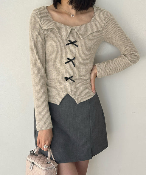 リボンニットトップス スクエアネック秋服 リブニットプルオーバーレディース セクシーニットカットソー フロントスリットニット 柔らかい大人可愛いトップス長袖 秋冬 6YULICHU-001