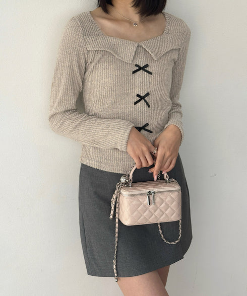 リボンニットトップス スクエアネック秋服 リブニットプルオーバーレディース セクシーニットカットソー フロントスリットニット 柔らかい大人可愛いトップス長袖 秋冬 6YULICHU-001