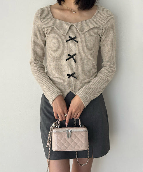 リボンニットトップス スクエアネック秋服 リブニットプルオーバーレディース セクシーニットカットソー フロントスリットニット 柔らかい大人可愛いトップス長袖 秋冬 6YULICHU-001