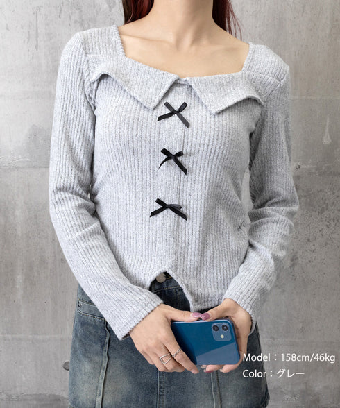 リボンニットトップス スクエアネック秋服 リブニットプルオーバーレディース セクシーニットカットソー フロントスリットニット 柔らかい大人可愛いトップス長袖 秋冬 6YULICHU-001