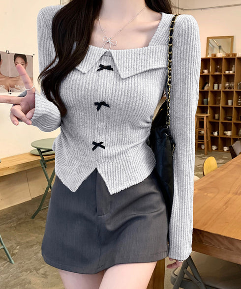 リボンニットトップス スクエアネック秋服 リブニットプルオーバーレディース セクシーニットカットソー フロントスリットニット 柔らかい大人可愛いトップス長袖 秋冬 6YULICHU-001