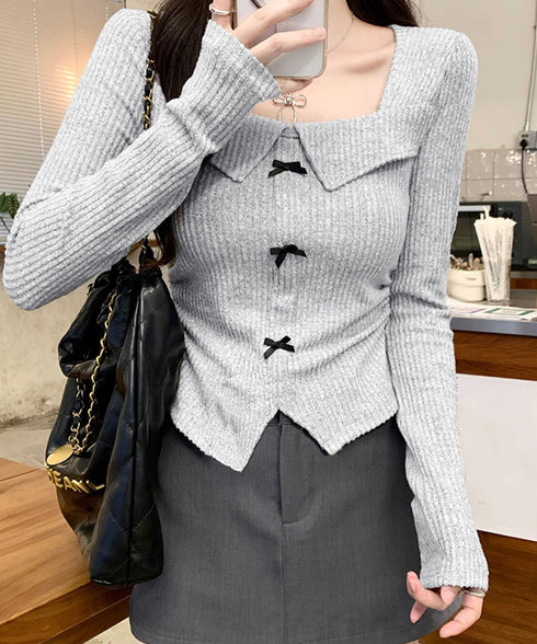 リボンニットトップス スクエアネック秋服 リブニットプルオーバーレディース セクシーニットカットソー フロントスリットニット 柔らかい大人可愛いトップス長袖 秋冬 6YULICHU-001