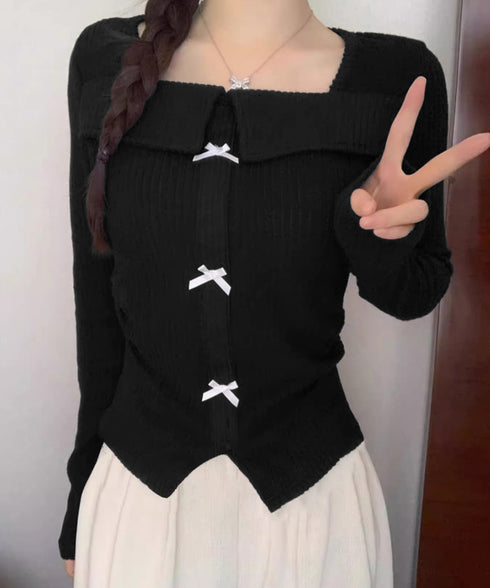 リボンニットトップス スクエアネック秋服 リブニットプルオーバーレディース セクシーニットカットソー フロントスリットニット 柔らかい大人可愛いトップス長袖 秋冬 6YULICHU-001