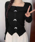 リボンニットトップス スクエアネック秋服 リブニットプルオーバーレディース セクシーニットカットソー フロントスリットニット 柔らかい大人可愛いトップス長袖 秋冬 6YULICHU-001