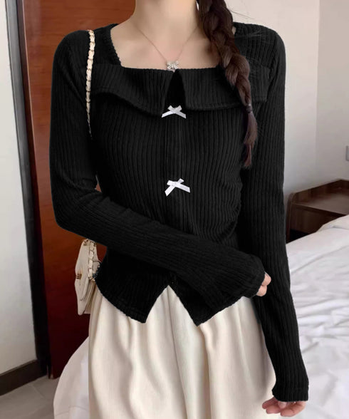 リボンニットトップス スクエアネック秋服 リブニットプルオーバーレディース セクシーニットカットソー フロントスリットニット 柔らかい大人可愛いトップス長袖 秋冬 6YULICHU-001