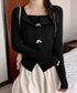 リボンニットトップス スクエアネック秋服 リブニットプルオーバーレディース セクシーニットカットソー フロントスリットニット 柔らかい大人可愛いトップス長袖 秋冬 6YULICHU-001