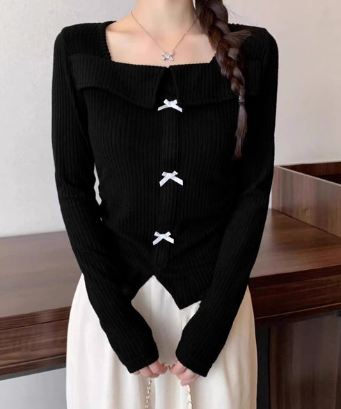 リボンニットトップス スクエアネック秋服 リブニットプルオーバーレディース セクシーニットカットソー フロントスリットニット 柔らかい大人可愛いトップス長袖 秋冬 6YULICHU-001