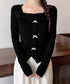 リボンニットトップス スクエアネック秋服 リブニットプルオーバーレディース セクシーニットカットソー フロントスリットニット 柔らかい大人可愛いトップス長袖 秋冬 6YULICHU-001