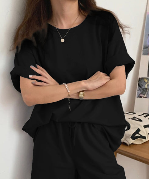 スウェットセットアップ レディース 夏服 スウェットトップス+パンツ 上下2点セット ゆったりプルオーバー 短パン カジュアルルームウェアセット リラックス部屋着 6YYG-001