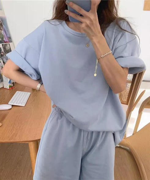 スウェットセットアップ レディース 夏服 スウェットトップス+パンツ 上下2点セット ゆったりプルオーバー 短パン カジュアルルームウェアセット リラックス部屋着 6YYG-001