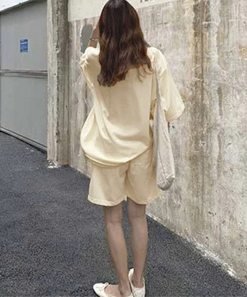 スウェットセットアップ レディース 夏服 スウェットトップス+パンツ 上下2点セット ゆったりプルオーバー 短パン カジュアルルームウェアセット リラックス部屋着 6YYG-001