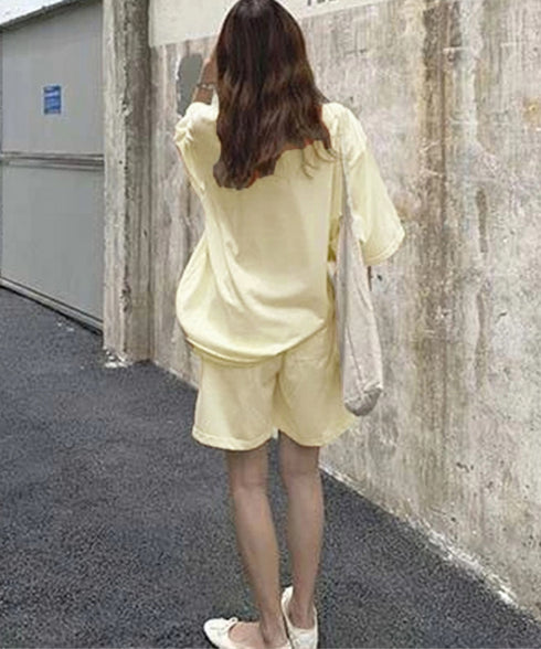 スウェットセットアップ レディース 夏服 スウェットトップス+パンツ 上下2点セット ゆったりプルオーバー 短パン カジュアルルームウェアセット リラックス部屋着 6YYG-001