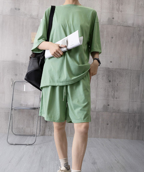 スウェットセットアップ レディース 夏服 スウェットトップス+パンツ 上下2点セット ゆったりプルオーバー 短パン カジュアルルームウェアセット リラックス部屋着 6YYG-001