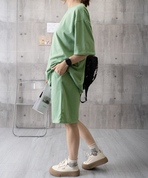 スウェットセットアップ レディース 夏服 スウェットトップス+パンツ 上下2点セット ゆったりプルオーバー 短パン カジュアルルームウェアセット リラックス部屋着 6YYG-001