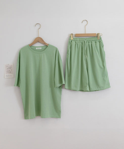 スウェットセットアップ レディース 夏服 スウェットトップス+パンツ 上下2点セット ゆったりプルオーバー 短パン カジュアルルームウェアセット リラックス部屋着 6YYG-001