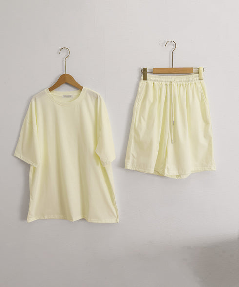スウェットセットアップ レディース 夏服 スウェットトップス+パンツ 上下2点セット ゆったりプルオーバー 短パン カジュアルルームウェアセット リラックス部屋着 6YYG-001