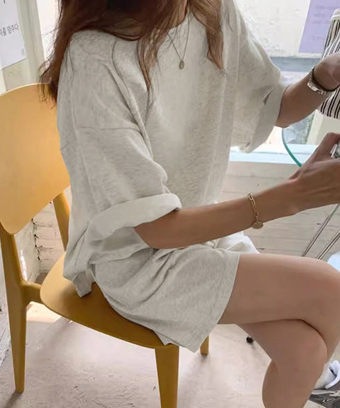 スウェットセットアップ レディース 夏服 スウェットトップス+パンツ 上下2点セット ゆったりプルオーバー 短パン カジュアルルームウェアセット リラックス部屋着 6YYG-001