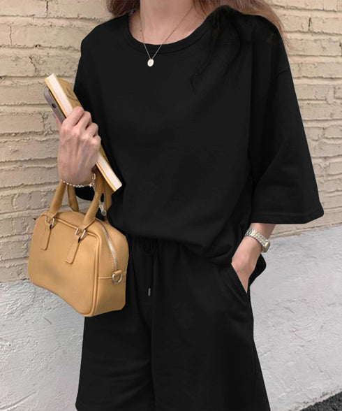 スウェットセットアップ レディース 夏服 スウェットトップス+パンツ 上下2点セット ゆったりプルオーバー 短パン カジュアルルームウェアセット リラックス部屋着 6YYG-001