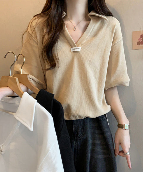 Vネックポロ襟カットソー レディース夏服 半袖ポロシャツ 着やせショート丈カットソー カジュアルスキッパーtシャツ 着回し襟付きトップス 裾ドロストTシャツ韓国風 6YYG-002