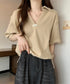 Vネックポロ襟カットソー レディース夏服 半袖ポロシャツ 着やせショート丈カットソー カジュアルスキッパーtシャツ 着回し襟付きトップス 裾ドロストTシャツ韓国風 6YYG-002