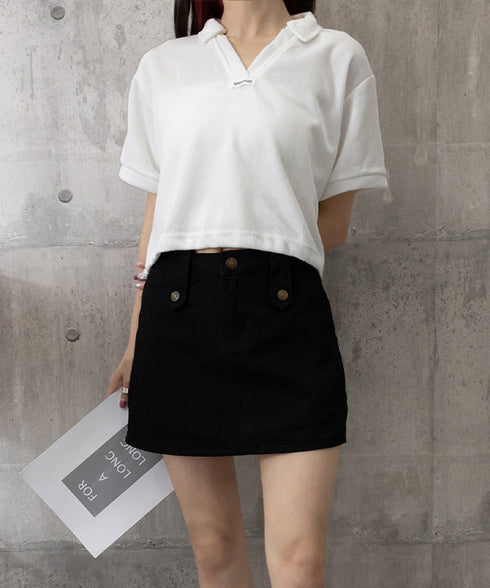 Vネックポロ襟カットソー レディース夏服 半袖ポロシャツ 着やせショート丈カットソー カジュアルスキッパーtシャツ 着回し襟付きトップス 裾ドロストTシャツ韓国風 6YYG-002