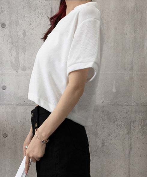 Vネックポロ襟カットソー レディース夏服 半袖ポロシャツ 着やせショート丈カットソー カジュアルスキッパーtシャツ 着回し襟付きトップス 裾ドロストTシャツ韓国風 6YYG-002